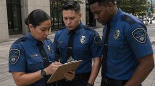 Security guards looking over a clipboard