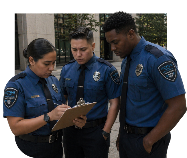 Security guards looking over a clipboard